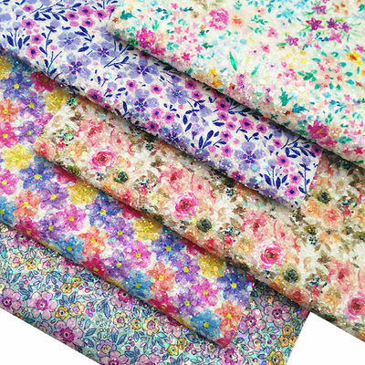 輝く春の花 プリントされた光り輝く綿のベールベット底 PU革の布
